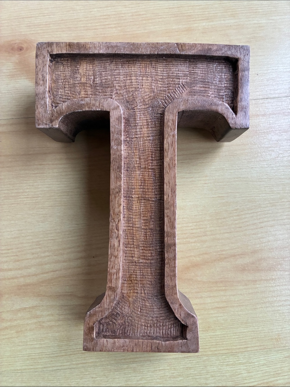 8” Carved Wooden Letter T - Rustic Brown